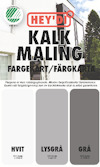 Färguide för kalkmåling med tre färger: Hvit, Lysgrå, Grå, och deras NCS-koder.