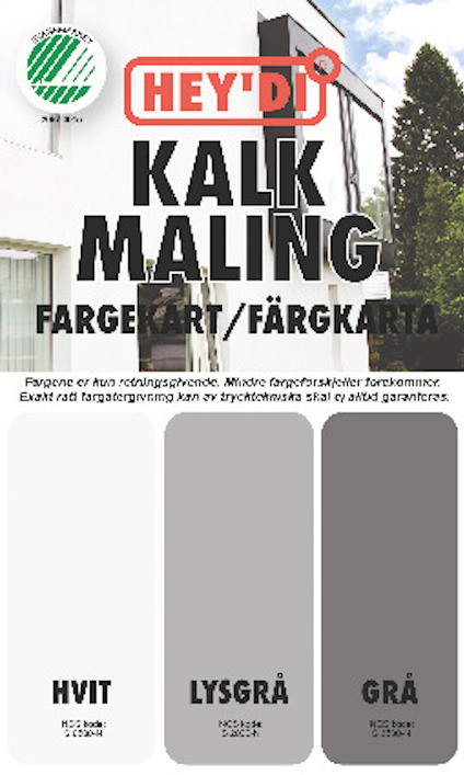 Färguide för kalkmåling med tre färger: Hvit, Lysgrå, Grå, och deras NCS-koder.