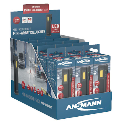 Förpackning med Ansmann mini-arbetslampor, 4,5 W LED, 500 lumen, på displayställ.