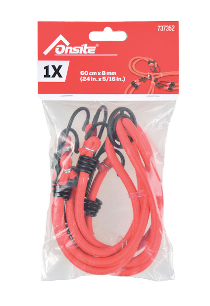 Röd elastisk spännrem i plastförpackning med texten "1X, 60 cm x 8 mm (24 in. x 5/16 in.)".