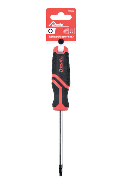 Röd och svart skruvmejsel med ergonomiskt handtag och en Torx T25-spets. Etikett meddelar "TE25 x 100mm (4in)".