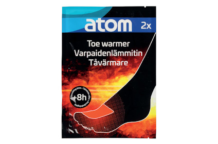 Förpackning av tåvärmare från märket Atom, med text på flera språk och en illustration av en varm fot.