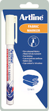 Förpackning med vit Artline Fabric Marker, 1,2 mm spets. Används på färgade tyger, vattenbeständig och snabbtorkande.