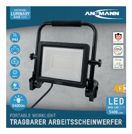 Ansmann bärbar arbetsstrålkastare, 50W LED, IP65, 5400lm, energiklass E, 5000K, 1.8m kabel, 10 års garanti.