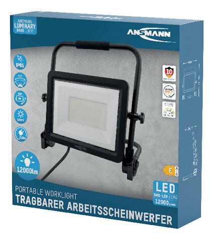 Förpackning av en bärbar LED-arbetsstrålkastare, 12000 lumen, IP65, 100W, märke Ansmann.