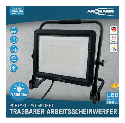 Förpackning för Ansmann Portable Worklight, 150W, 18000 lumen, IP65, LED, energiklass E, svart stativ.