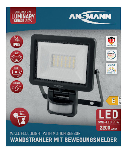 Förpackning av LED-strålkastare med rörelsesensor, 20W, 2200 lumen, IP65. Märke: Ansmann Luminary.
