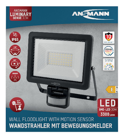 Förpackning för Ansmann Luminary floodlight med rörelsesensor, LED 30W, 3300 lumen, IP65, räckvidd upp till 12m.