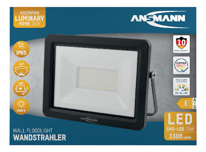 Förpackning av Ansmann Luminary Home 30W LED-väggstrålkastare, IP65, 3300 lumen, 5000K.