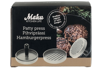 Förpackning av Maku Kitchen Life hamburgerpress med bild på hamburgare och pressdelar.