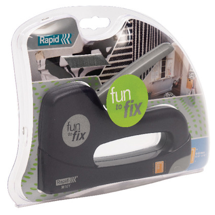 Häftpistol i förpackning med texten "Rapid, fun to fix".