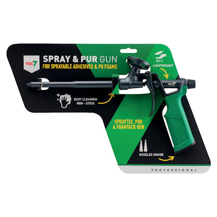 Spray & PUR Gun för spraylim och PU-skum med ergonomiskt handtag och justerbar munstycke.
