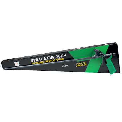 Förpackning med en grön och svart 60 cm spray- och PUR-pistol för applicering av spraybara lim och PU-skum.