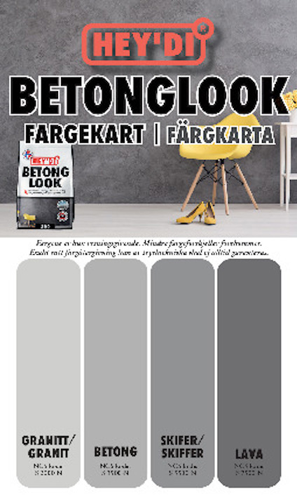 HEY'DI betonglook färgkarta med alternativen Granit, Betong, Skifer/Skiffer, Lava.