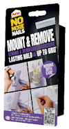 Förpackning av Pattex No More Nails Mount & Remove, ett starkt och avtagbart lim med en hållfasthet upp till 6 kg.