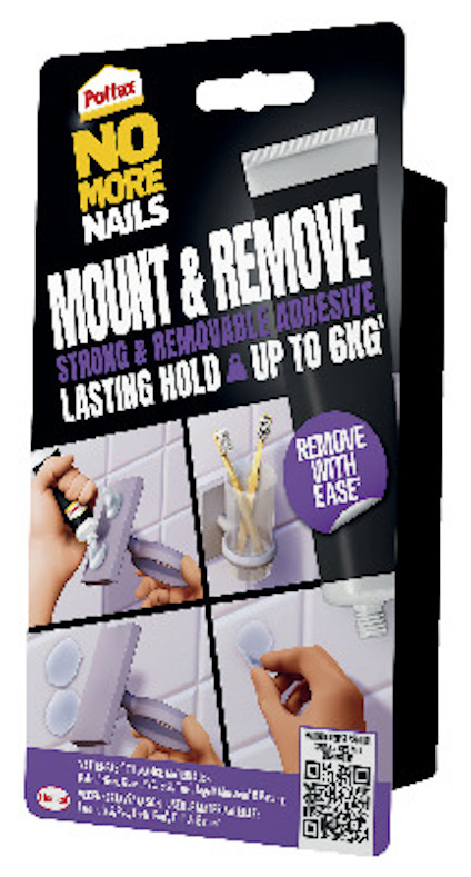 Förpackning av Pattex No More Nails Mount & Remove, ett starkt och avtagbart lim med en hållfasthet upp till 6 kg.