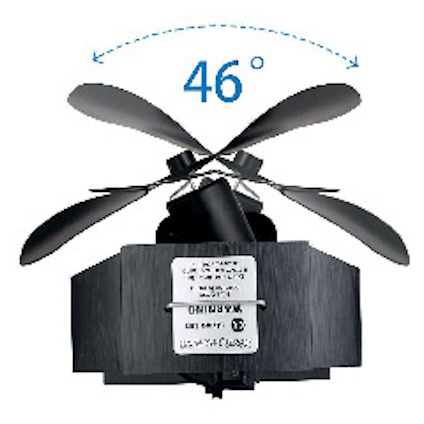 Fläktblad visar en 46 graders rotationsvinkel. Label med varningstext är synlig på framsidan.