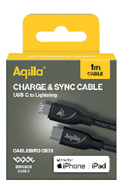 Förpackning av Aqila USB-C till Lightning-kabel, 1m, kompatibel med iPhone och iPad.