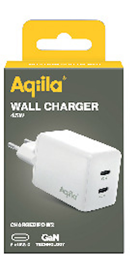 Laddare i vit färg med två USB-C portar, förpackad i grå och gul kartong med texten "Aqiila® WALL CHARGER 45W".