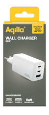 Förpackningsdesign för Aqila väggladdare, 65W, med 2 USB-C och 1 USB-A uttag. GaN Technology nämns.
