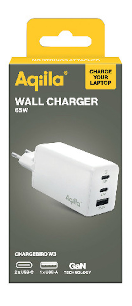 Förpackningsdesign för Aqila väggladdare, 65W, med 2 USB-C och 1 USB-A uttag. GaN Technology nämns.