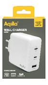 Laddare från Aqila med USB-C och USB-A portar, upp till 120W. Förpackning med "Charge your laptop" och "GaN Technology" text.