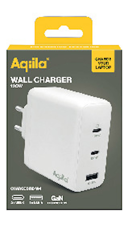 Laddare från Aqila med USB-C och USB-A portar, upp till 120W. Förpackning med "Charge your laptop" och "GaN Technology" text.