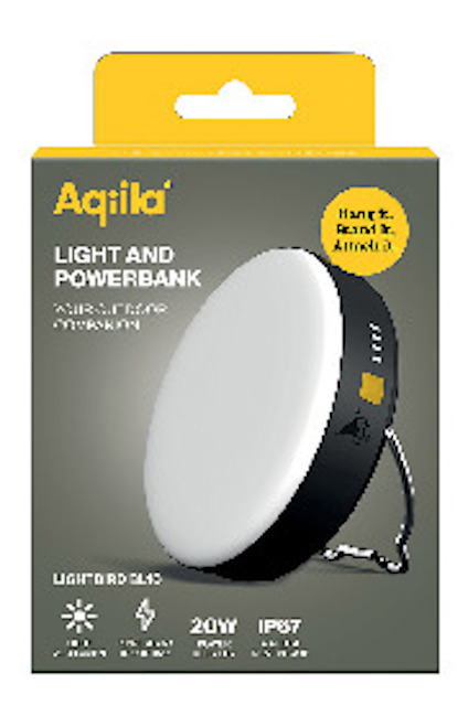 Förpackning för Aqila Lightbird BL10 lampa och powerbank med 300 lumen, 20W leverans, IP67 vattentät.