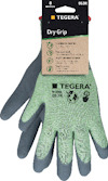 Arbetshandskar, grön och grå, märkta "Tegera Dry Grip" 863R, med hållbart material för precisionsarbete.