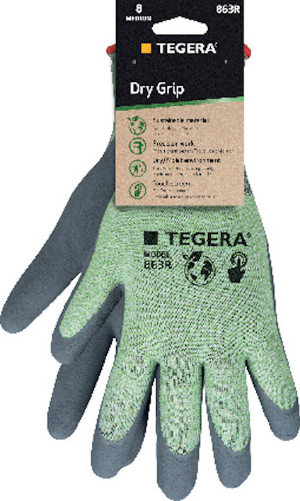 Arbetshandskar, grön och grå, märkta "Tegera Dry Grip" 863R, med hållbart material för precisionsarbete.