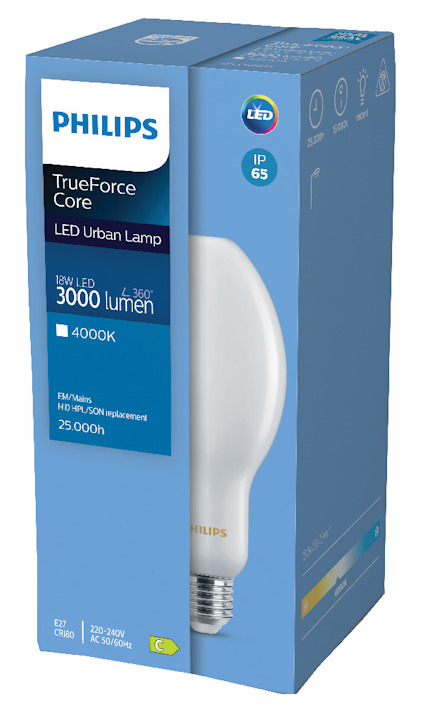 Förpackning av Philips TrueForce Core LED Urban Lamp, 18W, 3000 lumen, 4000K, E27, 25000 timmars livslängd, IP65 klass.
