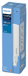 Blå förpackning för Philips CorePro LED PLC 4P, märkt 700 lumen, 4000K, 30.000h. Innehåller illustrationsinstruktioner.