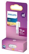 Ljuskartong med texten "Philips LED Warm white 2700K, 1.9W=25W, 220 lumen, G9".