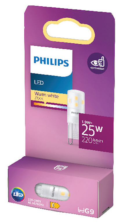 Ljuskartong med texten "Philips LED Warm white 2700K, 1.9W=25W, 220 lumen, G9".