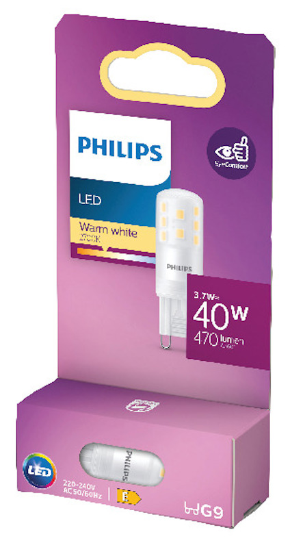 Förpackning för Philips LED-lampa, 3,7W-40W, varmvit 2700K, 470 lumen, G9-sockel.