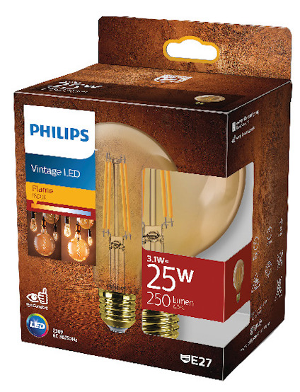 Förpackning för Philips Vintage LED-glödlampa, 3.5W, 250 lumen, E27-sockel, flammafärg 1500K, 220-240V.