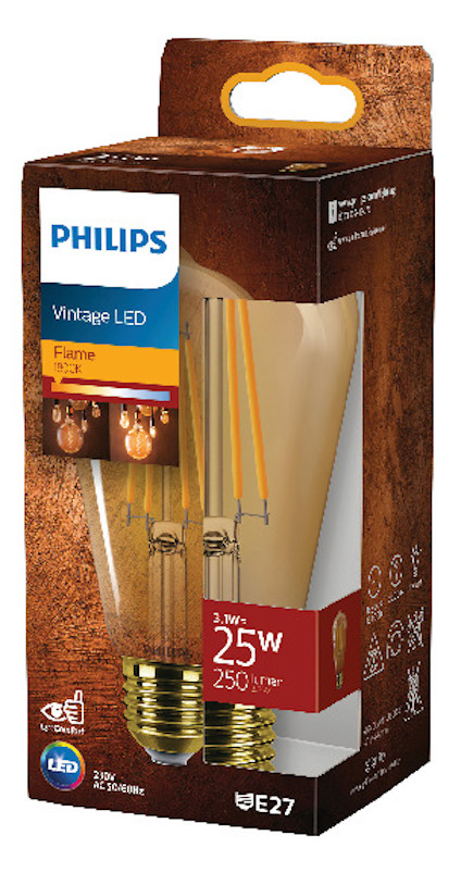 Förpackning av Philips Vintage LED-glödlampa, 3,1W, 25W motsvarande, 250 lumen, E27-sockel.