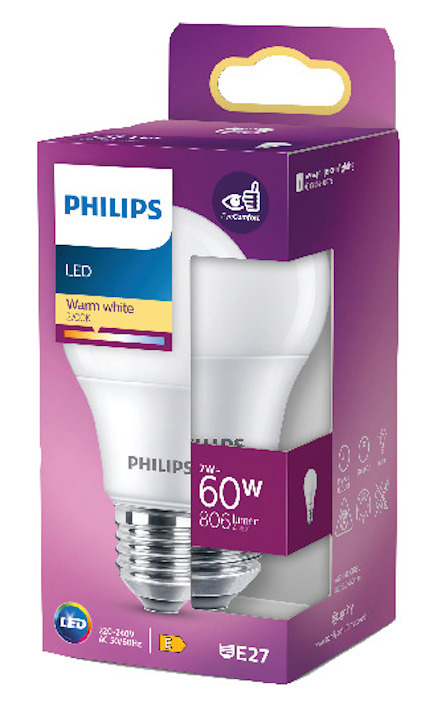 Kartong med LED-lampa från Philips, 7W, 806 lumen, varmvit 2700K, E27-sockel, motsvarar 60W.