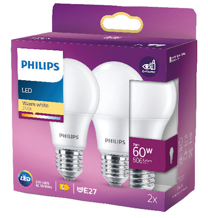 Förpackning med två Philips LED-lampor, E27-sockel, varmvitt ljus 2700K, 7W motsvarande 60W glödljus, 806 lumen.