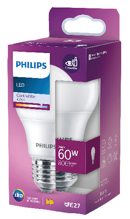 Lila förpackning med Philips LED-lampa, 6W, 806 lumen, E27, cool white 4000K.