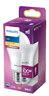 Förpackning med Philips LED-glödlampa, varmvit, 13W=100W, 1521 lumen, E27-sockel, 220-240V, hållbarhets- och energisymboler.