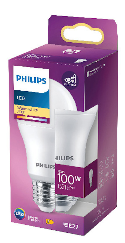 Förpackning med Philips LED-glödlampa, varmvit, 13W=100W, 1521 lumen, E27-sockel, 220-240V, hållbarhets- och energisymboler.