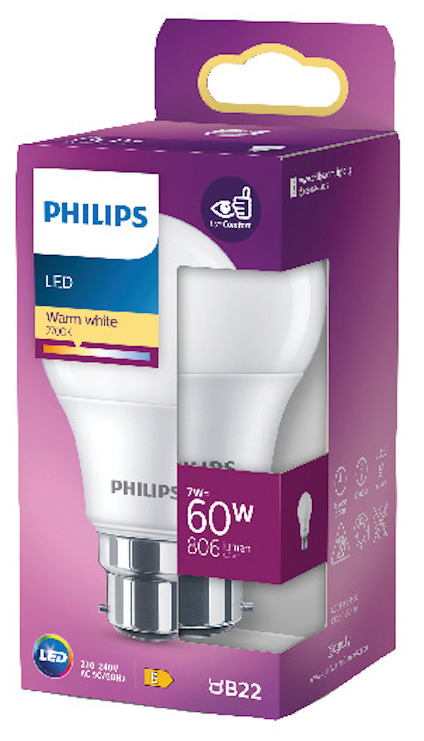 Förpackning av Philips LED-lampa, 7W, 806 lumen, varmvit 2700K, B22 sockel.