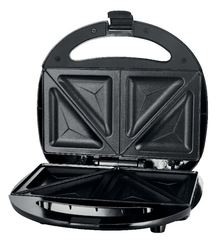 Svart smörgåsgrill med öppet lock, avslöjande två trekantiga grillytor för att göra grillade smörgåsar.