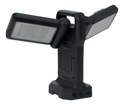 Svart LED-strålkastare med två justerbara paneler, placerad på en fyrkantig bas.