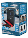Förpackning av Ansmann Jump Starter 10.0, en bärbar starthjälp för 12V, med bild på enheten och kablar.