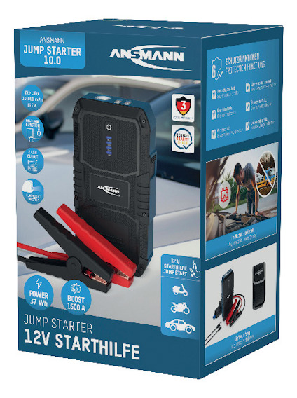 Förpackning av Ansmann Jump Starter 10.0, en bärbar starthjälp för 12V, med bild på enheten och kablar.