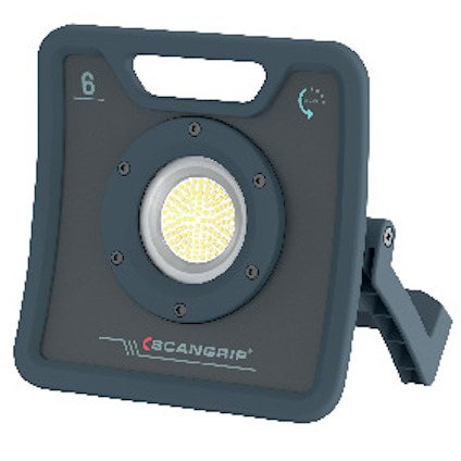 Portabel LED-arbetslampa med handtag och ställbart stativ. Märkt med "6" och "SCANGRIP".