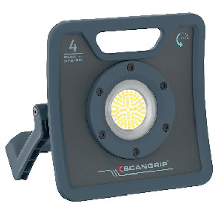 Arbetslampa med justerbart stativ, LED-ljus i mitten och texten "SCANGRIP", "DUAL SYSTEM", "4".