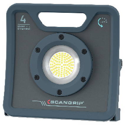 En grå och svart arbetslampa med rund LED-ljuskälla i mitten, märkt "SCANGRIP" och "DUAL SYSTEM 4".